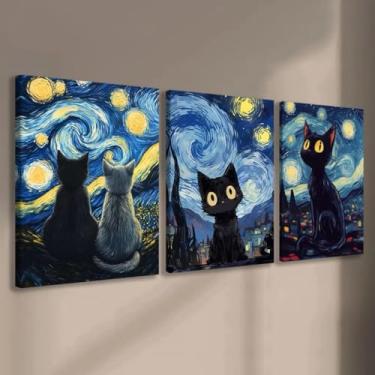 Imagem de Quadro Decorativo Paisagem Noite Estrelada com Gato Preto, 3 Peças, 60x40cm, Decoração de Parede