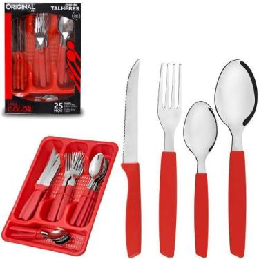 Imagem de Faqueiro Inox 24 Pecas Cabo Plastico + Porta Talher Vermelho - Origina