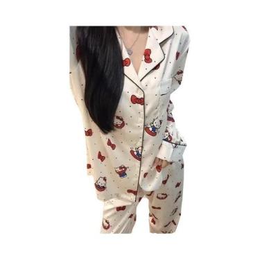 Imagem de Conjunto De Pijama Feminino Com Estampa De Urso E Poá, Manga Longa, Bo