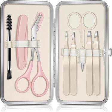 Imagem de Kit de sobrancelha 8 em 1 com pinça, tesoura de aparador de sobrancelha, navalha, escova com estojo de couro PU de viagem/ferramentas de beleza diárias para depilação facial