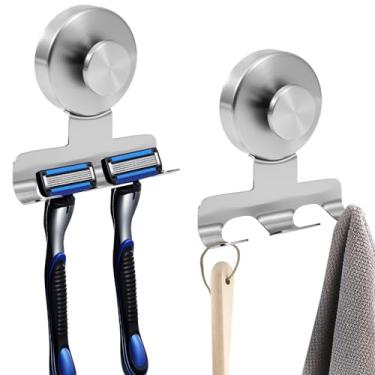 Imagem de Suporte de barbeador para chuveiro, pacote com 2 unidades de suporte de ventosa para barbeador, reutilizável, removível, sem danos, gancho de metal para banheiro, toalha, bucha (prata)