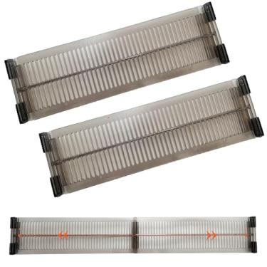 Imagem de IIUIKOO Divisórias de gaveta ajustáveis para roupas – pacote com 4 organizadores de cômoda transparentes, divisórias rasas para roupas, cozinha, escritório, banheiro