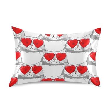 Imagem de Fronhas para cabelo estampa de gato coração vermelho dia dos namorados cetim refrescante king queen fronhas padrão fronhas personalizadas para cama de casa sofá queen tamanho 76.2 cm x 50.8 cm