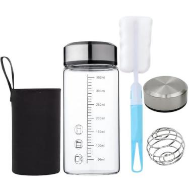 Imagem de HENGFEI Coqueteleira de proteína de vidro de 350 ml com bola coqueteleira e 2 tampas de aço inoxidável