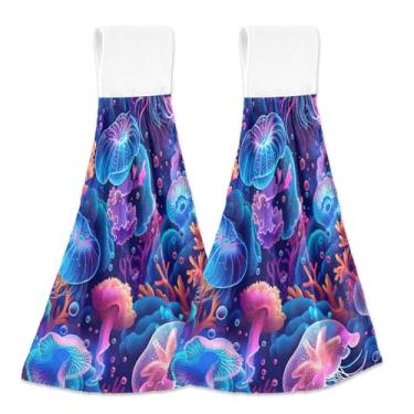 Imagem de Toalhas de cozinha personalizadas neon água-viva recife azul outono pendurado toalhas de banho conjunto de 2 toalhas de casa e cozinha macias absorventes fofas, 46 x 35 centímetros