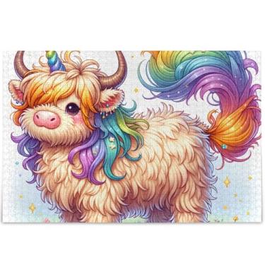 Imagem de Unicórnio Highland Cattle Quebra-cabeça 1000 peças adultos arte colorida animal único quebra-cabeça personalizado engraçado jogo tecnologia presentes, 75 cm x 50 cm