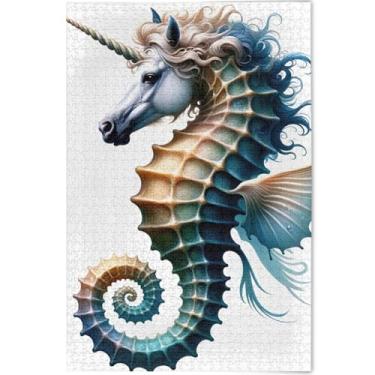 Imagem de Quebra-cabeças de unicórnio de cavalo marinho 500 peças para adultos pintura de arte de animais divertida quebra-cabeça personalizado jogo de quebra-cabeça presentes tecnológicos, 52 cm x 37,8 cm