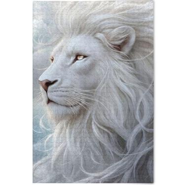 Imagem de Quebra-cabeças com estampa de juba de leão branco, 500 peças para adultos, família, elefantes brancos, presentes legais para adultos, arte personalizada com flores de animais, 52 x 37,8 cm