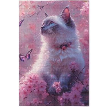 Imagem de Quebra-cabeças personalizadas de gato siamês flor de cerejeira para adultos 1000 peças quebra-cabeça arte animal quebra-cabeças difíceis família elefantes brancos presentes, 75 cm x 50 cm