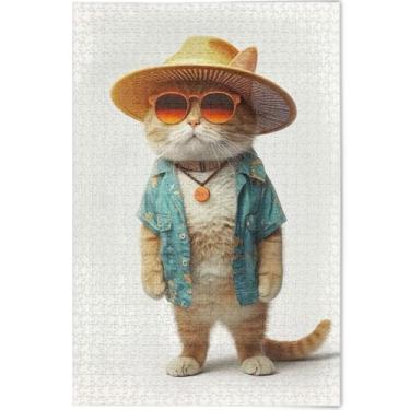 Imagem de Quebra-cabeças engraçados com estampa de gato, 1000 peças para adultos, arte animal, quebra-cabeças legais e exclusivos, presentes de elefante branco para a família, 75 x 50 cm