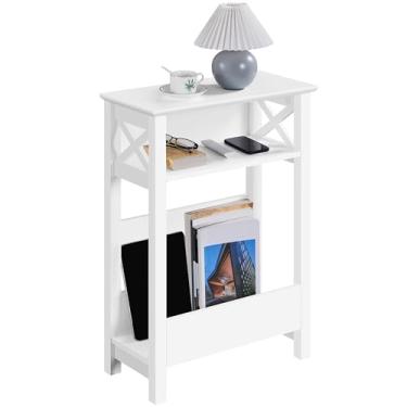 Imagem de Yaheetech Mesa lateral pequena com prateleira de armazenamento, mesa de canto fino de 3 camadas com suporte de revistas, mesa de revistas em formato de X para sala de estar, escritório, varanda,