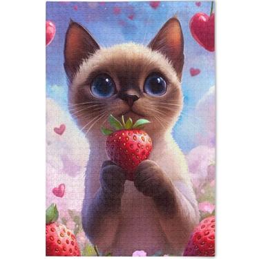 Imagem de Quebra-cabeças fofos de gato siamês de morango 500 peças para adultos engraçados presentes tecnológicos de jogos paisagens com impressão de animais, 52 x 37,8 cm