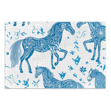 Imagem de Quebra-cabeça de cavalos floral azul branco 500 peças adultos animal arte colorida quebra-cabeça exclusivo para adultos presentes para jogo de elefante branco, 51 x 37 centímetros