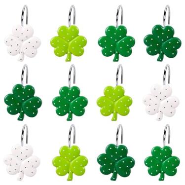 Imagem de Whaline 12 peças de ganchos decorativos de cortina de chuveiro para dia de São Patrício, anéis decorativos para varão de chuveiro, pontos, trevo, resina, ganchos para cortina, para sala de estar