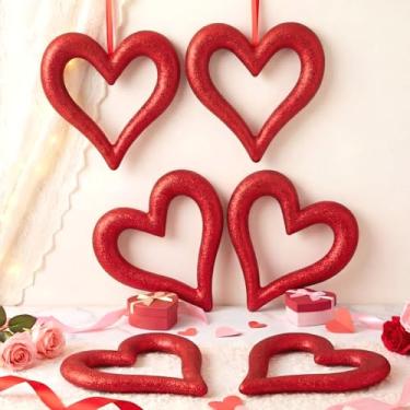 Imagem de 6 peças de enfeites de coração grandes para árvore de Natal 24,5 cm enfeite de coração com glitter 3D para pendurar em árvore, guirlanda de árvore, porta da frente, janela de parede, dia dos namorados