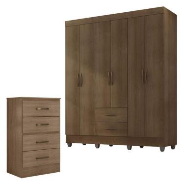 Imagem de Guarda Roupa Casal 6 Portas E Cômoda 4 Gavetas Lite Carvalho Oak - Móveis Leão