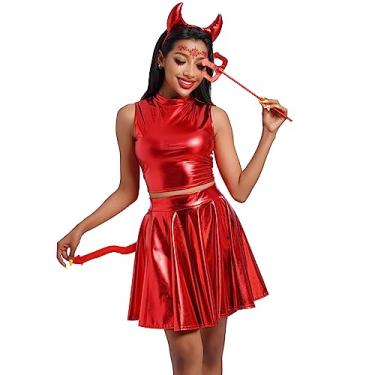 Imagem de Halloween Costumes For Women Sexy 2023 Devil Costume For Women Horns And Tail Devil Sticks For Adults Sexy Halloween Costumes For Women Holographic Rave Metallic Crop Top Skirt Red Devil 5PCS XL