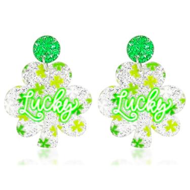Imagem de Brincos femininos de trevo de acrílico para dia de São Patrício, trevo da sorte, brilhante, joia de São Patrício, Zinco, Sem pedra preciosa