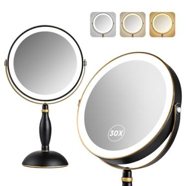 Imagem de Espelho de aumento 30x com luz, preto fosco com acabamento dourado, espelho de maquiagem com 3 luzes coloridas e brilho ajustável, espelho de maquiagem recarregável de 5000 mAh, toque lateral estilo