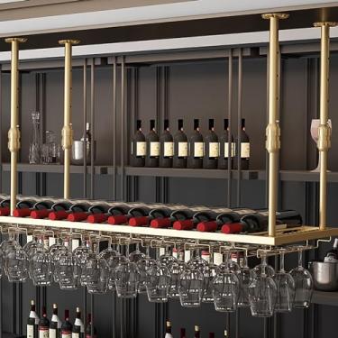 Imagem de Rack de vidro de vinho para pendurar em pé, rack de vinho industrial montado na parede com suporte de vidro a vapor, suporte de garrafa de metal, prateleira de barra de uva arte em ferro de vinho