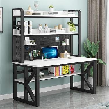 Imagem de Mesa de computador com prateleiras de armazenamento e quadro de estandes moderna mesa de trabalho de estudo grande para escritório em casa (47 polegadas, cinza + preto)