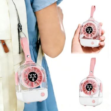 Imagem de VanSmaGo Mini ventilador portátil com cordão, ventilador pessoal recarregável por USB 3 em 1 com luz LED Emoji, 5 velocidades de alta velocidade, pequeno ventilador de mesa portátil para viagem