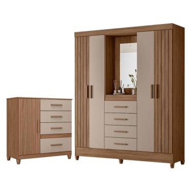 Imagem de Guarda Roupa Solteiro Com Espelho Atenas E Cômoda Vênus Com Pés Carvalho Fendi - Moval