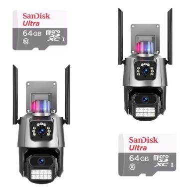 Imagem de Kit 2 Câmera De Segurança Externa Lente Dupla 4k Led Sirene Policial Cartão 64gb