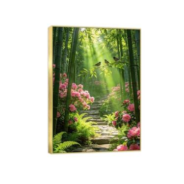 Imagem de Impressão em tela de paisagem pronta para pendurar - flores rosa bambu - pintura de arte de parede - decoração de casa moderna imagem moldura dourada 70 x 100 cm 27 x 39 pol