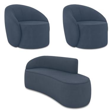 Imagem de Sofá 3 Lugares Orgânico 180cm Morgan e 2 Poltronas Lua Suede Azul M D03 - D'Rossi
