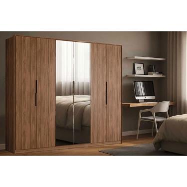 Imagem de Guarda Roupa Casal Atrice Nogueira Touch 6 Portas de Bater 6 Gavetas MDP com Espelho Sapateira Demóbile