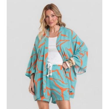 Imagem de Kimono Feminino em Tecido Estampado Dianna Azul, M, Azul