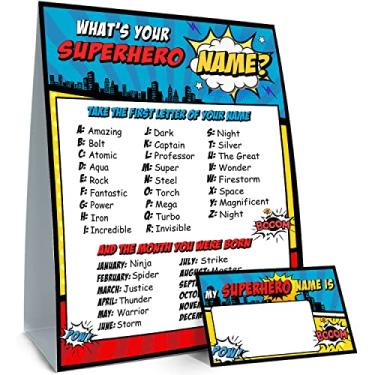 Imagem de What is Your Superhero Name Game, Game Sign and 30 Cards, Superhero Birthday Party Sign for Boys, Holiday Activity, Kids Superhero Activity Cards, Superhero Activity Decoration Supplies