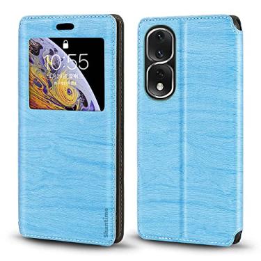 Imagem de Shantime Capa para Huawei Honor 80 Pro 5G, capa de couro de grão de madeira com porta-cartão e janela, capa flip magnética para Huawei Honor 80 Pro 5G (6,8 polegadas), azul celeste