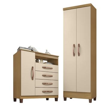 Imagem de Kit Cômoda Sapateira 1 Porta 4 Gavetas Porto Belo Com Multiuso Cairo 2 Portas Carvalho Off White Clique Chique