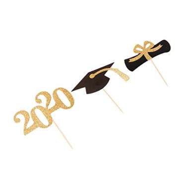 Imagem de Wakauto 24 Peças 2020 bolo preto toppers de sobremesa decoração dourada escolhas de cupcake topo de bolo de solteiro ouro em pó cartola chapéu da graduação decorar De madeira