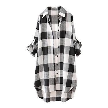 Imagem de Camiseta feminina para inverno, outono, gola alta, chiffon, caimento solto, cardigã xadrez longo 2024, Q-967 Preto, XG