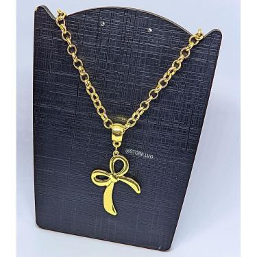 Imagem de Colar Corrente Feminino com Pingente Laço Delicado Elo Português 6mm Folheado Ouro 18k Dourado Inspirado Tendência Moda