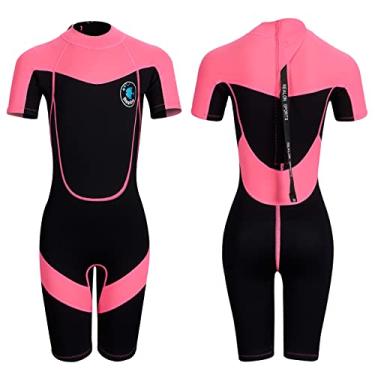 Imagem de REALON Roupa de mergulho infantil 2 mm meninos meninas bebês/crianças/juvenis completo/curto roupa molhada natação surfe snorkeling 1,5 mm roupa de banho manga comprida (2 mm rosa curto, G)