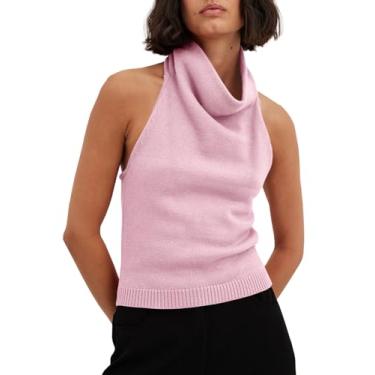 Imagem de Langwyqu Suéter feminino de gola rolê sem mangas de malha frente única regata sexy solta cami camisas, rosa, P