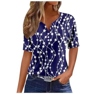 Imagem de Camisetas femininas de verão 2024 femininas casuais de manga curta com gola V e botões, Ofertas relâmpago azul escuro, G