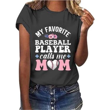Imagem de Camiseta de beisebol PKDong My Favorite Baseball Player Calls Me Mom com estampa de letras fofas gola redonda manga curta tops de verão, Cinza escuro, G