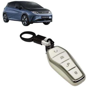 Imagem de Capa com chaveiro Chave 4 Botão presencial Byd Mini Song Plus Dolphin Seal (BRANCO COM CROMADO)