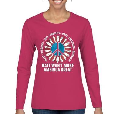 Imagem de Hate Won't Make America Great Camiseta feminina manga longa Peace Kindness Love Equality Hope Inclusion Diversity Peace Sign, Rosa choque, 3G