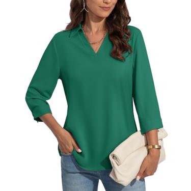 Imagem de YUCOLEN Blusas femininas de chiffon com manga 3/4 elegante, casual, gola V, solta, tops de verão, Verde esmeralda, GG