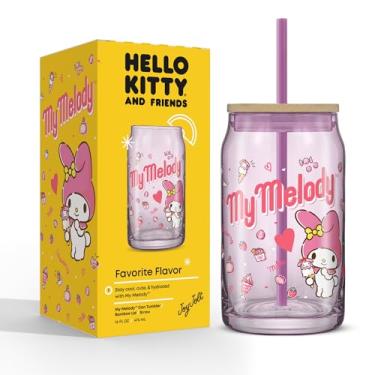 Imagem de JoyJolt Copo de vidro da Sanrio Hello Kitty and Friends Favorite Flavor com tampa de bambu e canudo, copo transparente em forma de lata de refrigerante de 473 ml com My Melody, Hello Kitty Merch