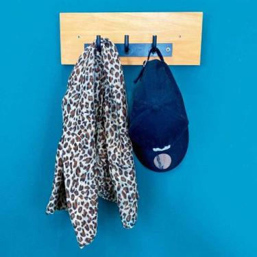 Imagem de Cabideiro de Parede 3 Ganchos Industrial de Ferro e Madeira Carvalho e