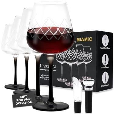 Imagem de MIAMIO – Taças de vinho tinto de 473 ml, conjunto de 4 taças de vinho grandes taças de vinho de cristal com taças de vinho pretas de haste longa + rolha de vinho e aerador - Coleção Crystaluna