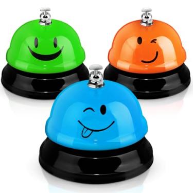 Imagem de Hotop 3 peças de campainha de mesa para serviço de recepção engraçada rosto sorridente campainha de chamada de metal para cozinha, hotel, restaurante, sala de aula (rosto sorridente, azul, verde,