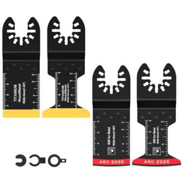 Imagem de 4 peças de lâmina de serra oscilante bimetálica de titânio multiuso, bordas de arco oscilantes, conjunto de lâminas de ferramentas oscilantes de corte preciso com 3 adaptadores espaçadores para corte
